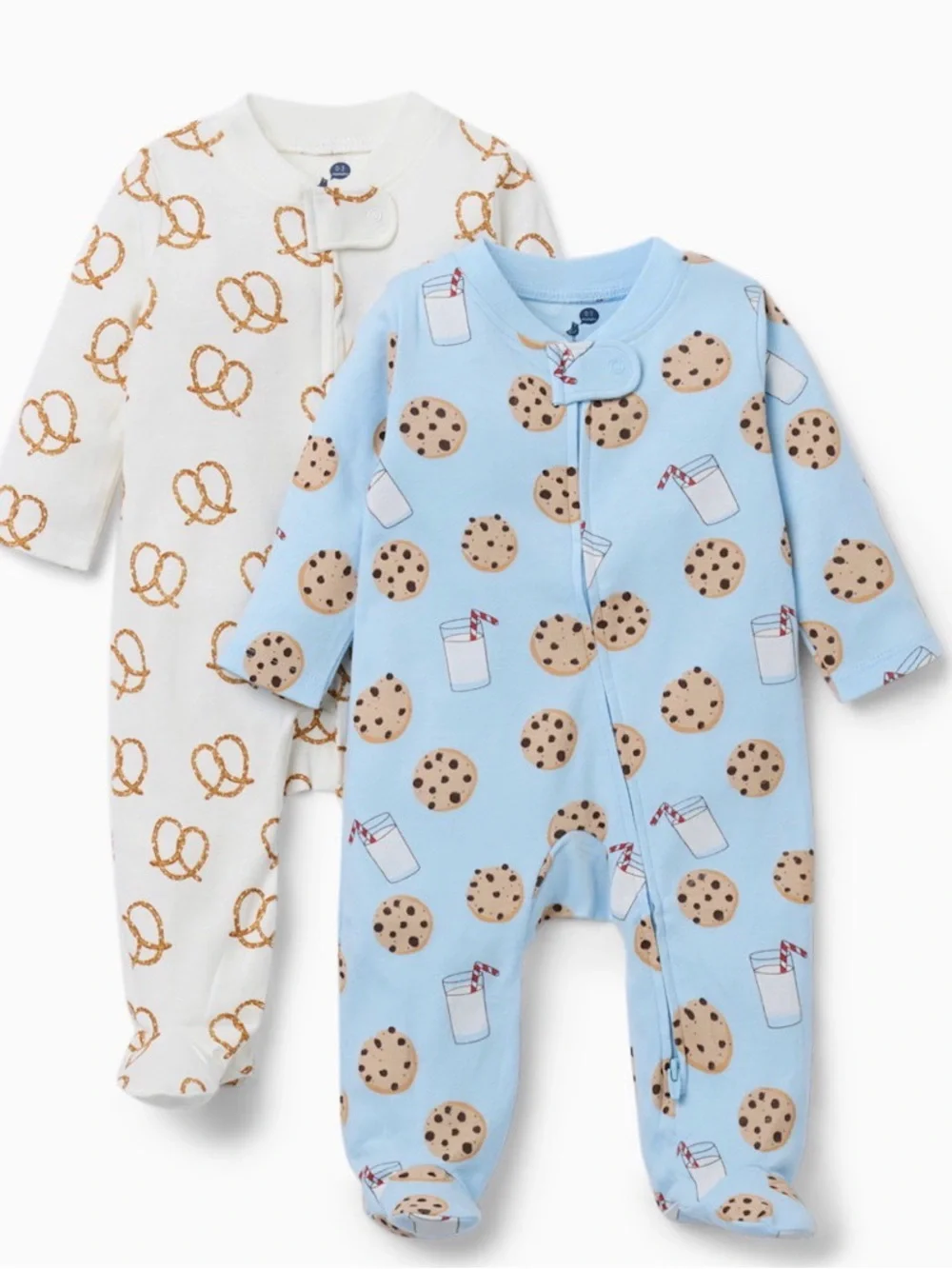 Small Story Organic Cotton 2-Way Zip Footie (2 Pack) milk and cookies onesie